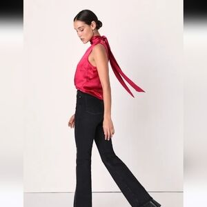 Lulus Elegant Sleeveless Red Satin Bow Top Size Small